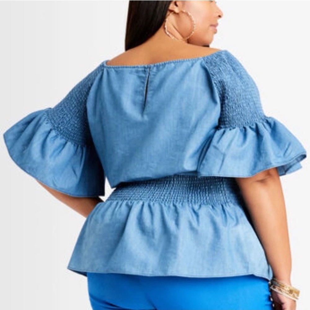 Ashley Stewart Smocked Peplum Stonewash Jean Blouse Flare Sleeve Fairy SZ 18/20 - Picture 2 of 16